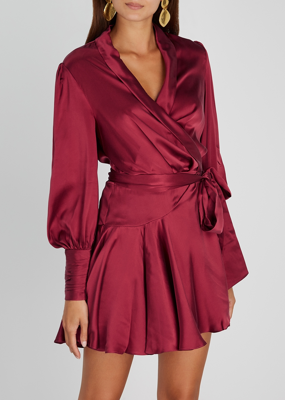 burgundy satin wrap dress