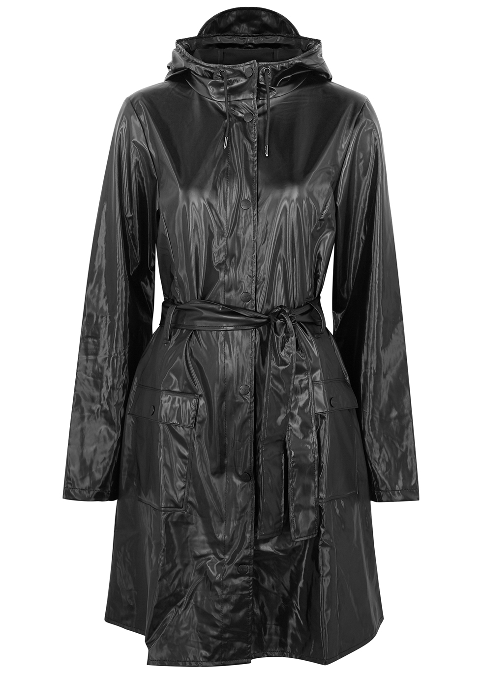 Black high-shine rubberised raincoat