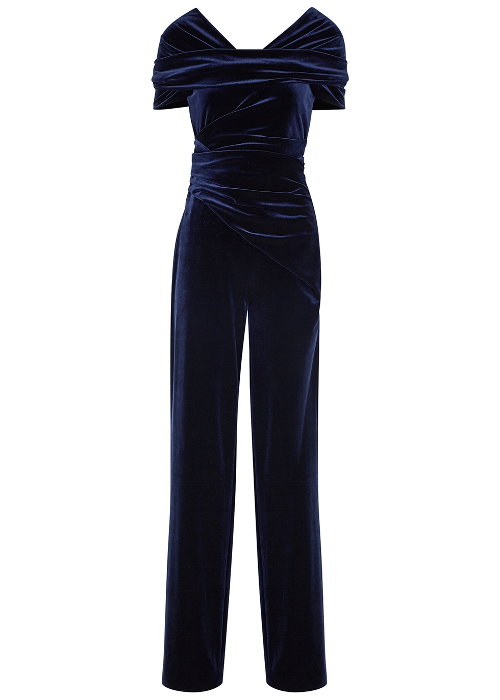 Ciara navy off-the-shoulder velvet jumpsuit