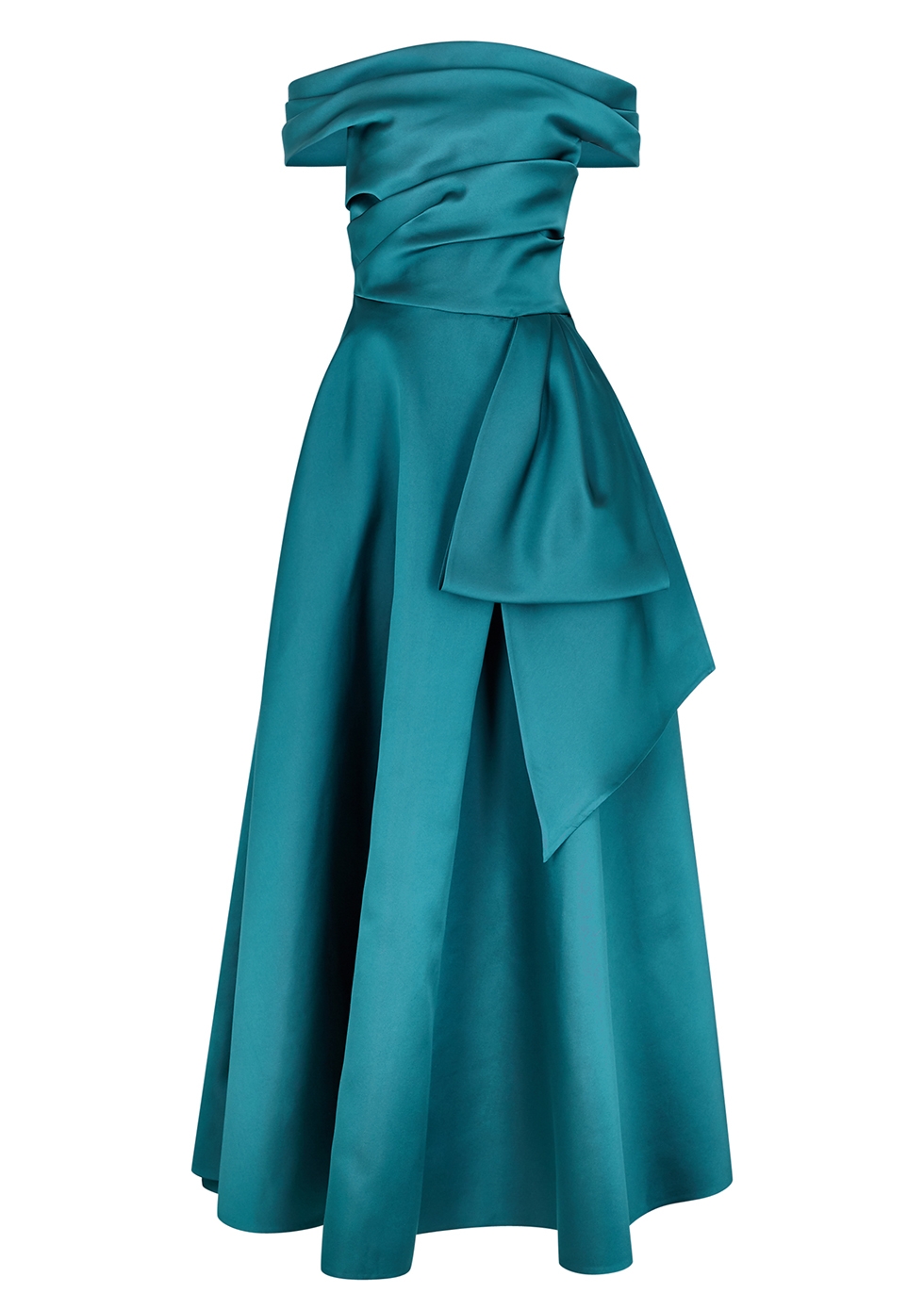 Cordero teal off-the-shoulder satin gown