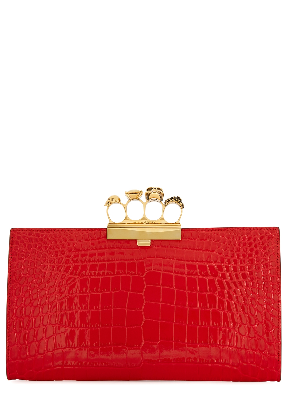 Alexander McQueen Skull Four Ring crocodile-effect leather clutch ...