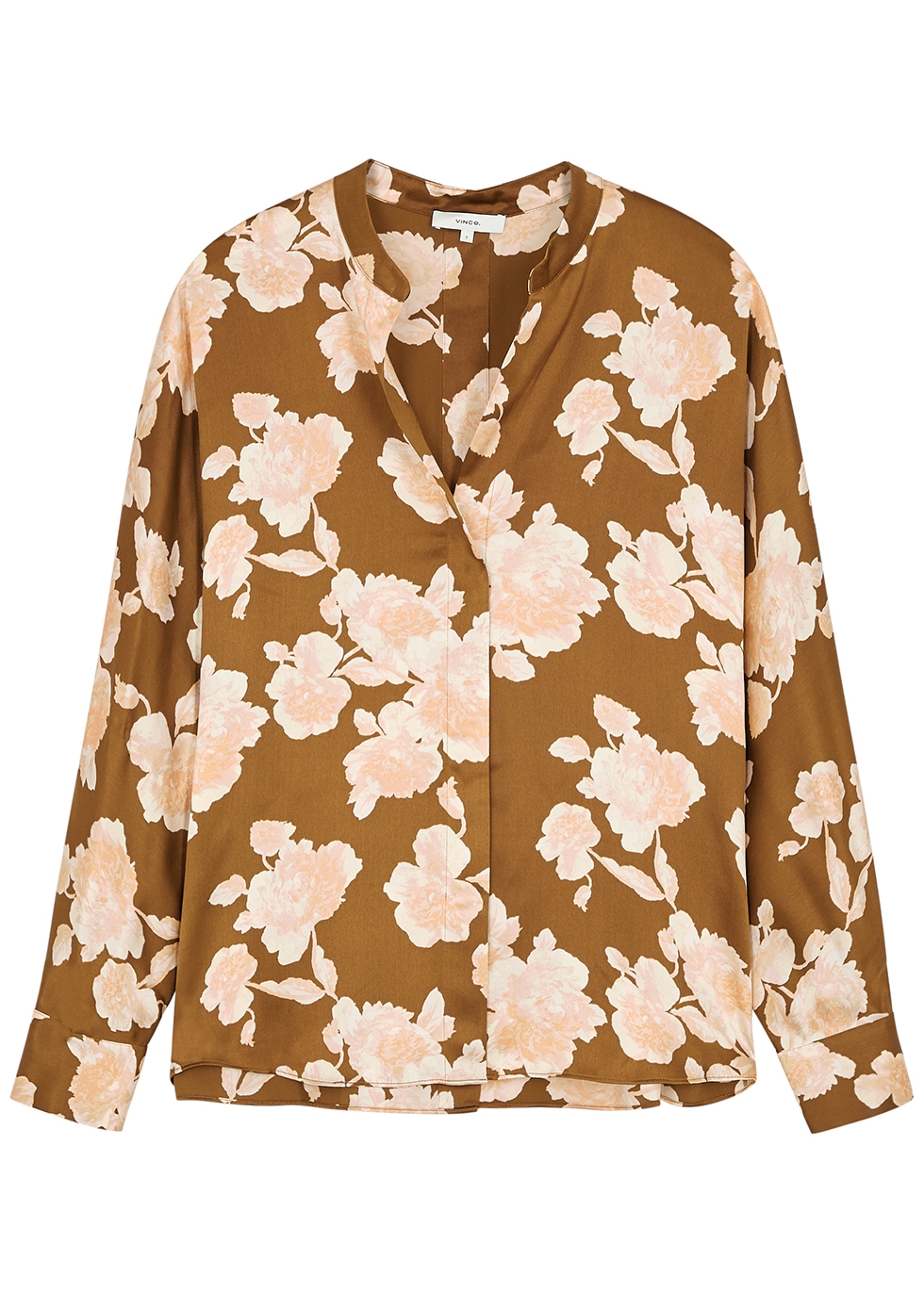 Brown floral-print silk-satin blouse