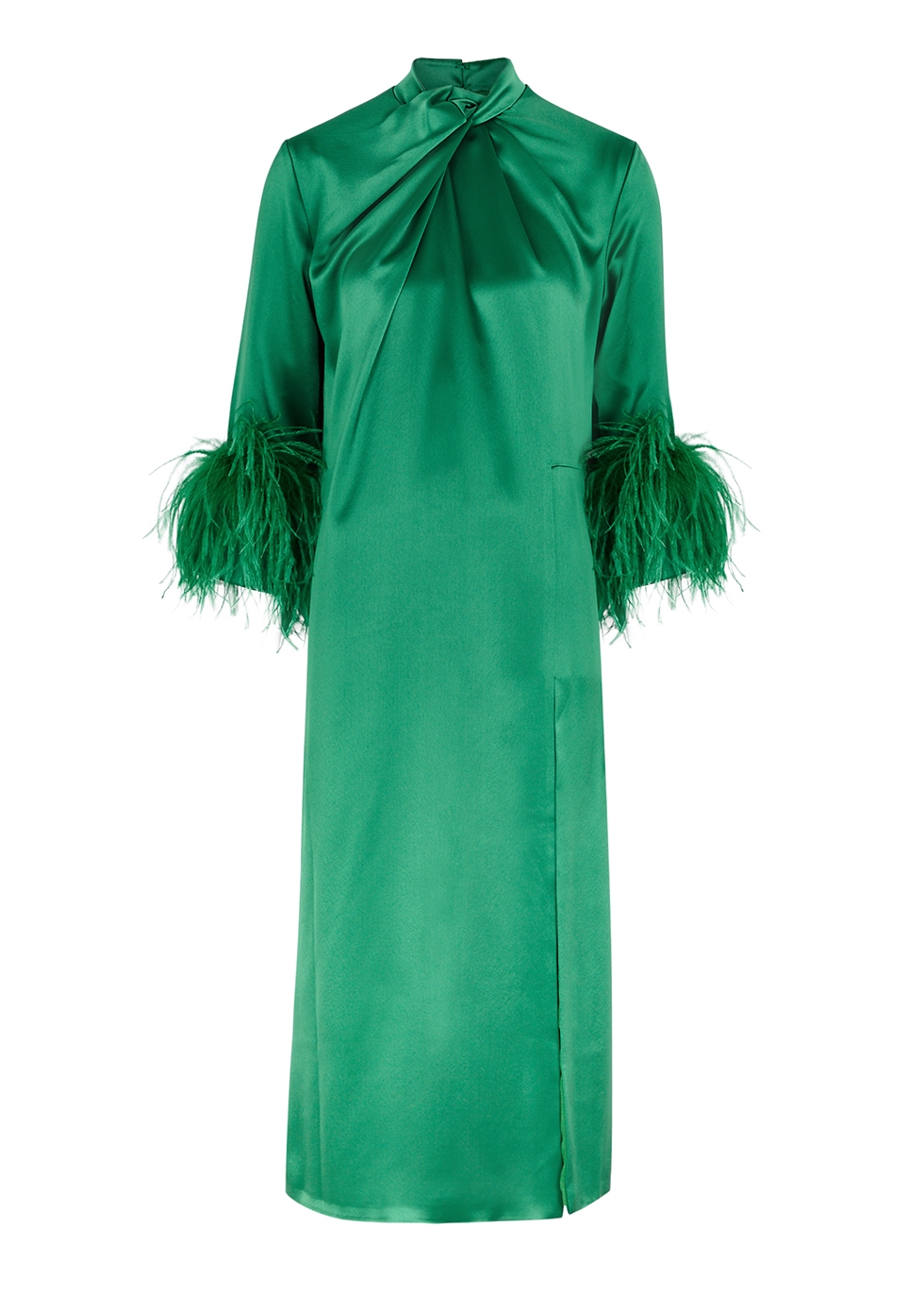 16 Arlington Fujiko green feather-trimmed satin midi dress - Harvey Nichols