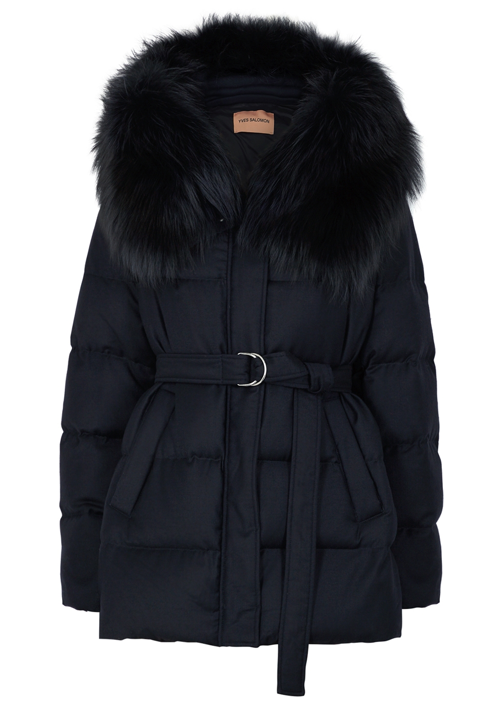 Navy fur-trimmed quilted wool-blend jacket