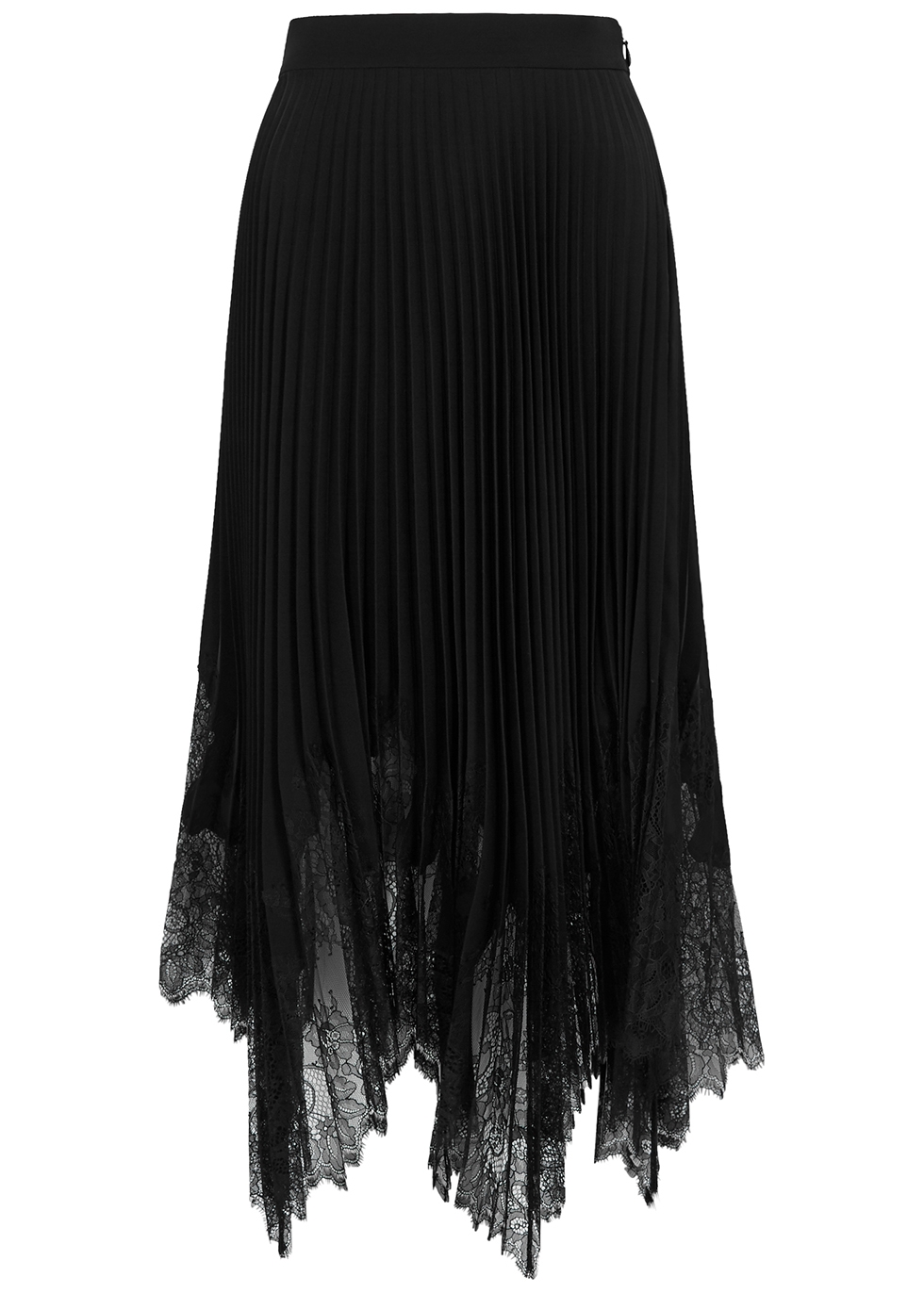 Black lace-trimmed pleated midi skirt