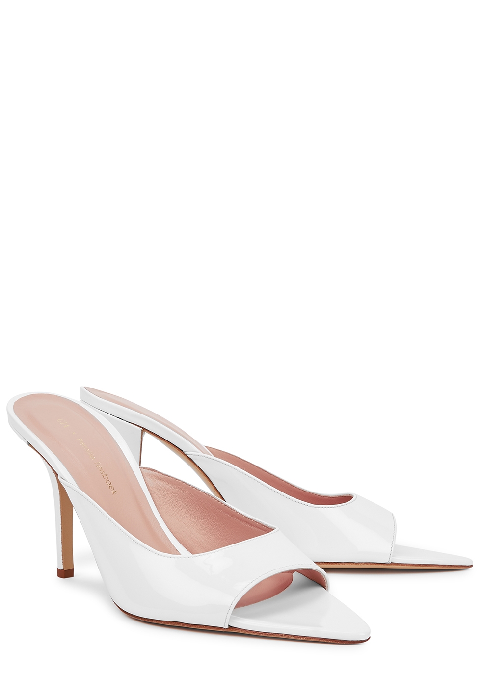 white patent leather mules