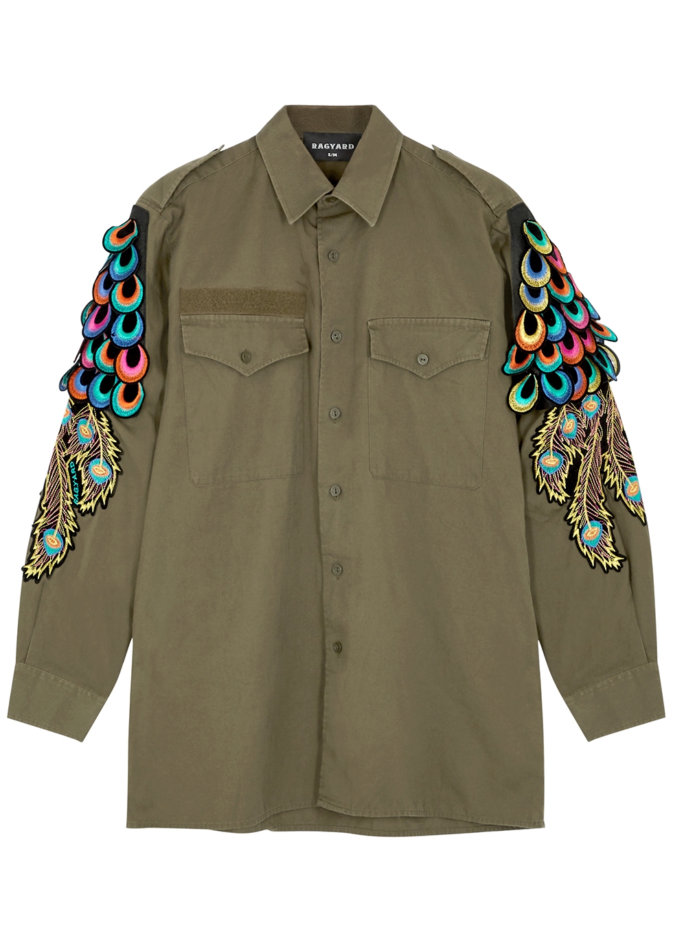 Peacock feather-appliquéd shirt
