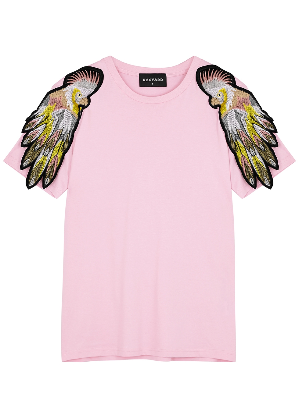 Pink parrot-appliquéd cotton T-shirt