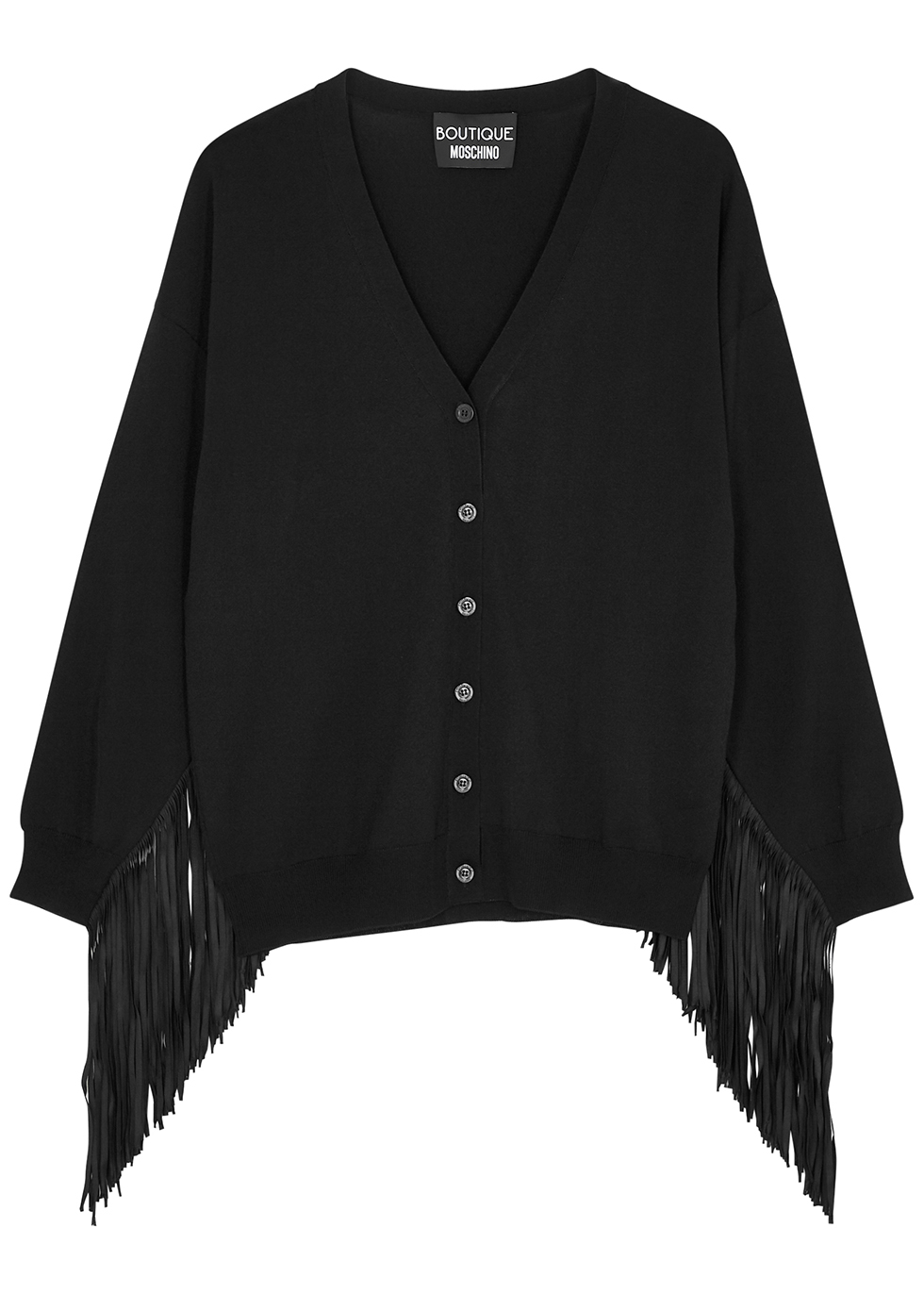 Black fringed stretch-knit cardigan