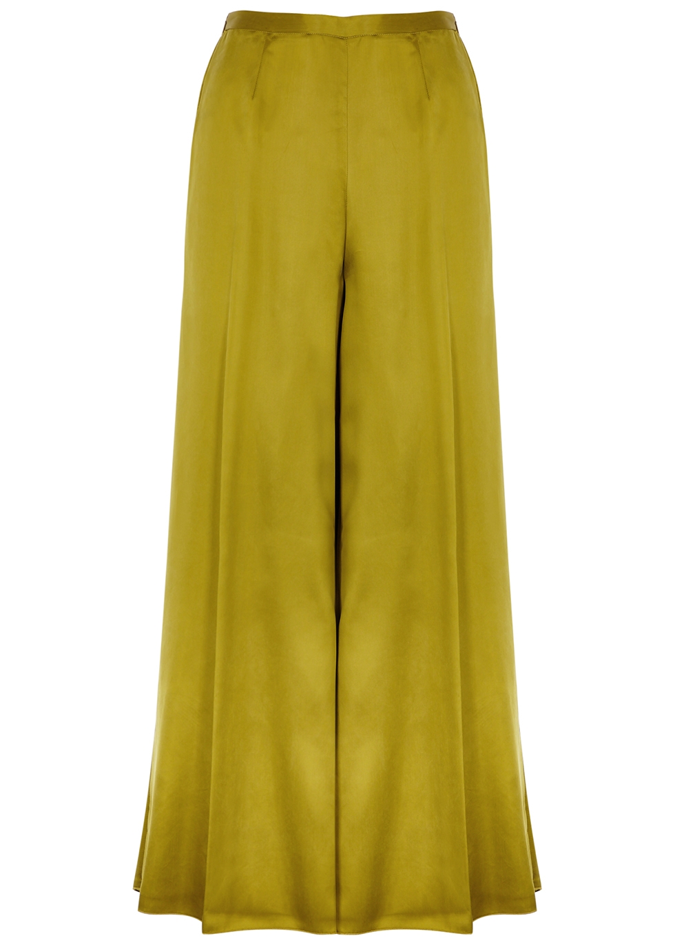 Olive wide-leg cropped satin trousers