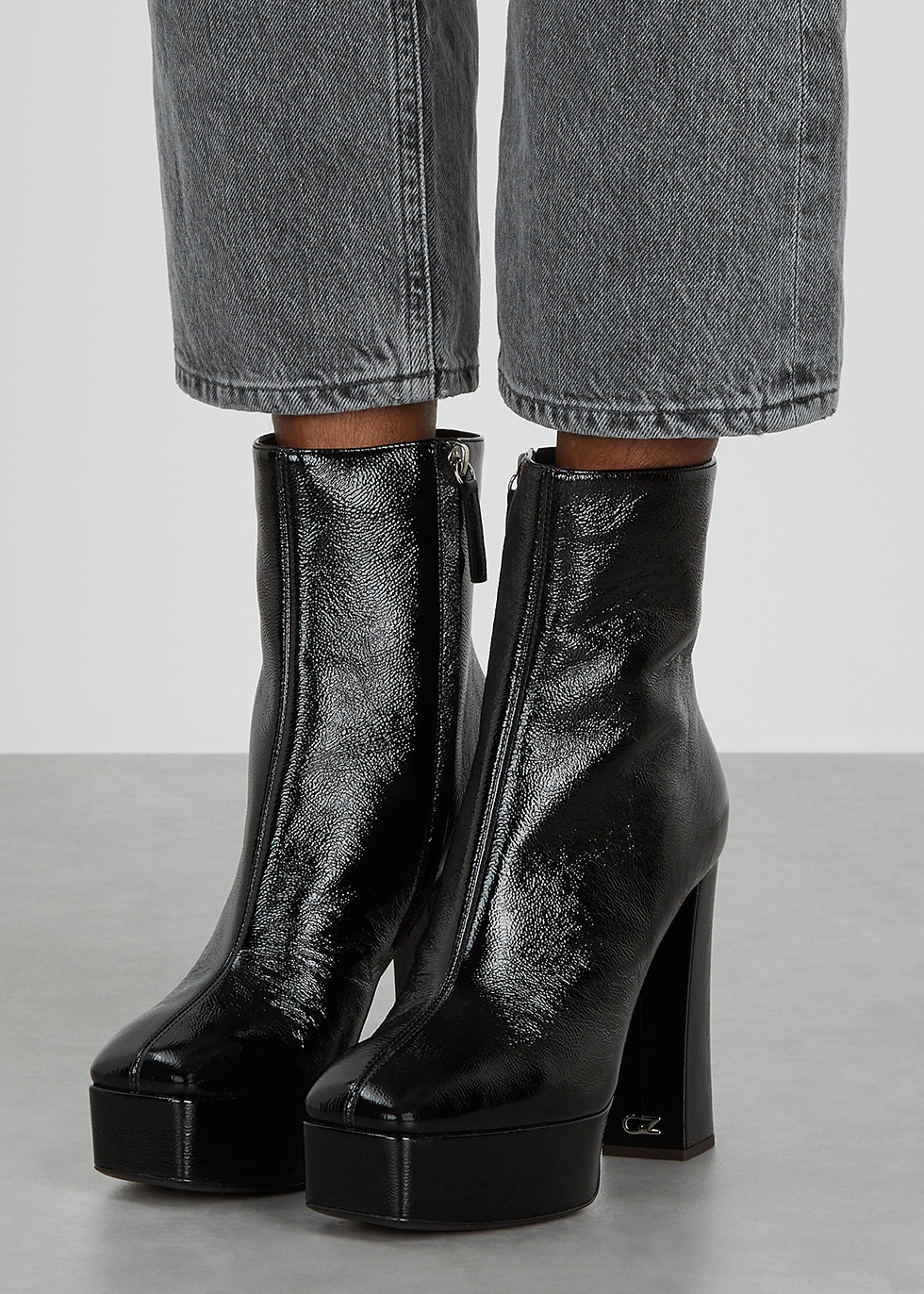 grey patent ankle boots