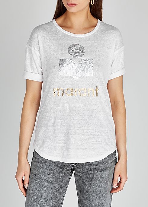 mirakel Interconnect bestå Isabel Marant Étoile Koldi logo-print linen T-shirt - Harvey Nichols