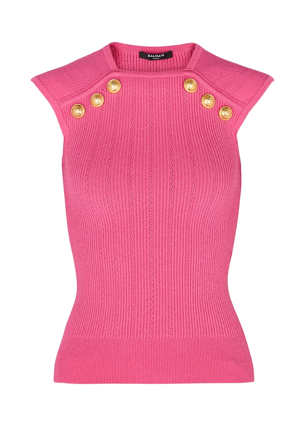 Pink button-embellished ribbed-knit tank