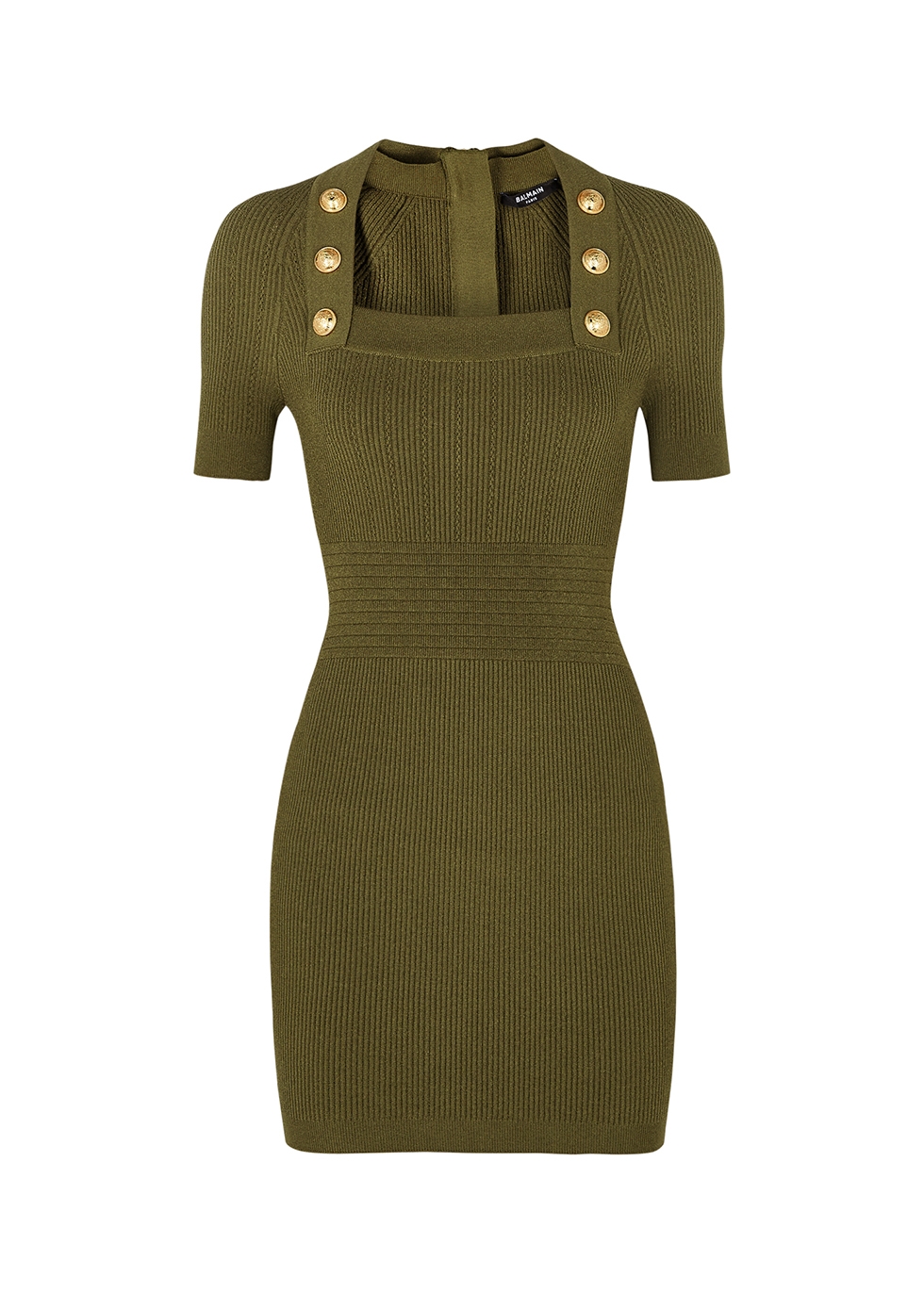 Army green ribbed-knit mini dress