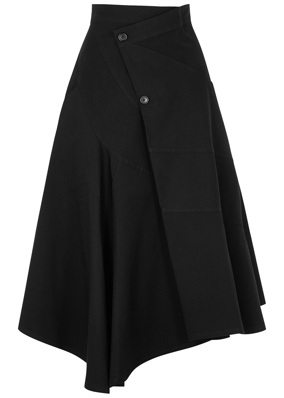 Black panelled twill midi skirt