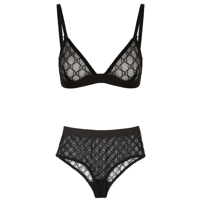 Gucci Gg-embroidered Tulle Underwear Set In Black | ModeSens