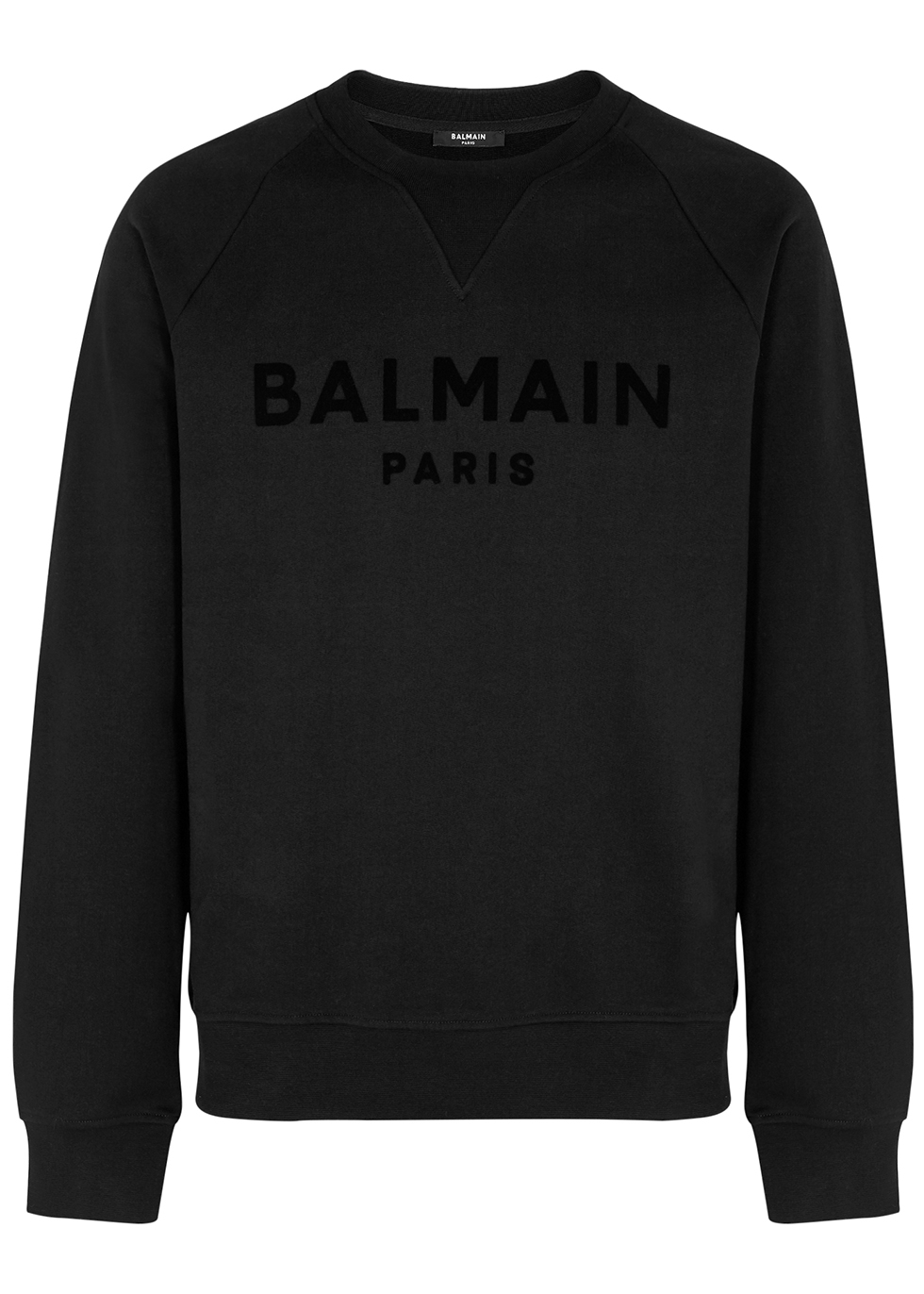 Balmain Black logo-flocked cotton sweatshirt - Harvey Nichols