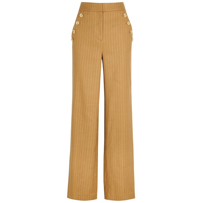 Veronica Beard Eliora Camel Pinstriped Linen-blend Trousers