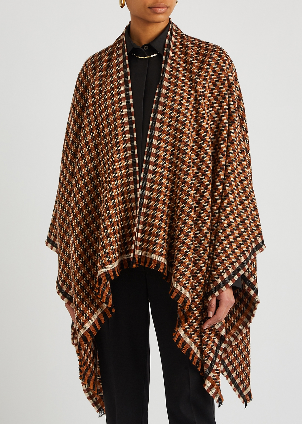 Fendi Checked Logo-intarsia Wool Cape in Brown Womens Clothing Coats Capes 