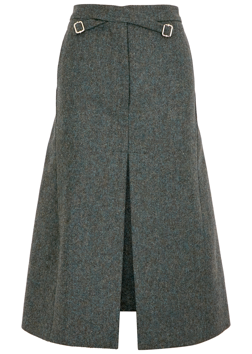 EFTYCHIA Croix green herringbone wool midi skirt