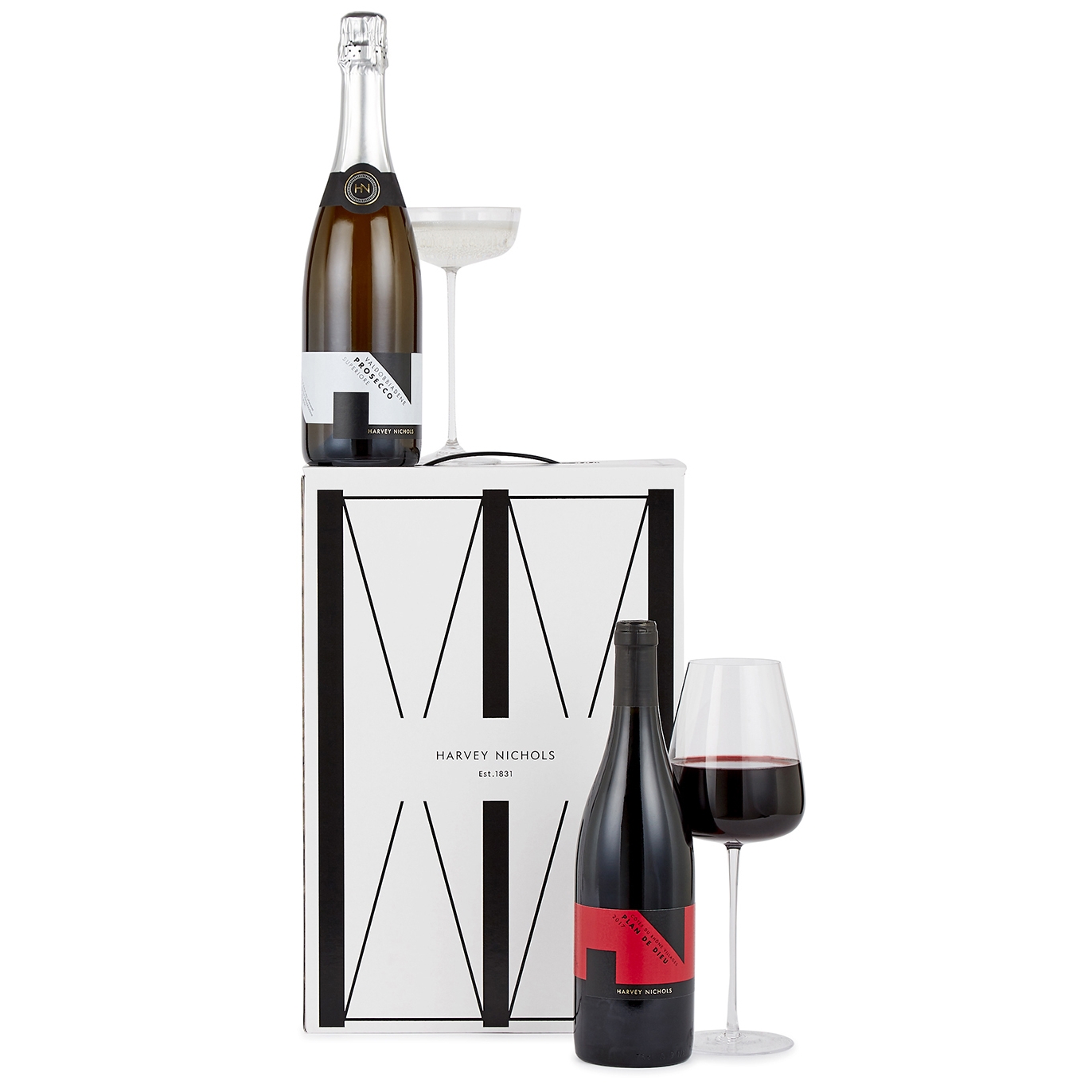 Harvey Nichols Prosecco & Red Wine Gift Box, Wine Hamper, 750ml Red Wine