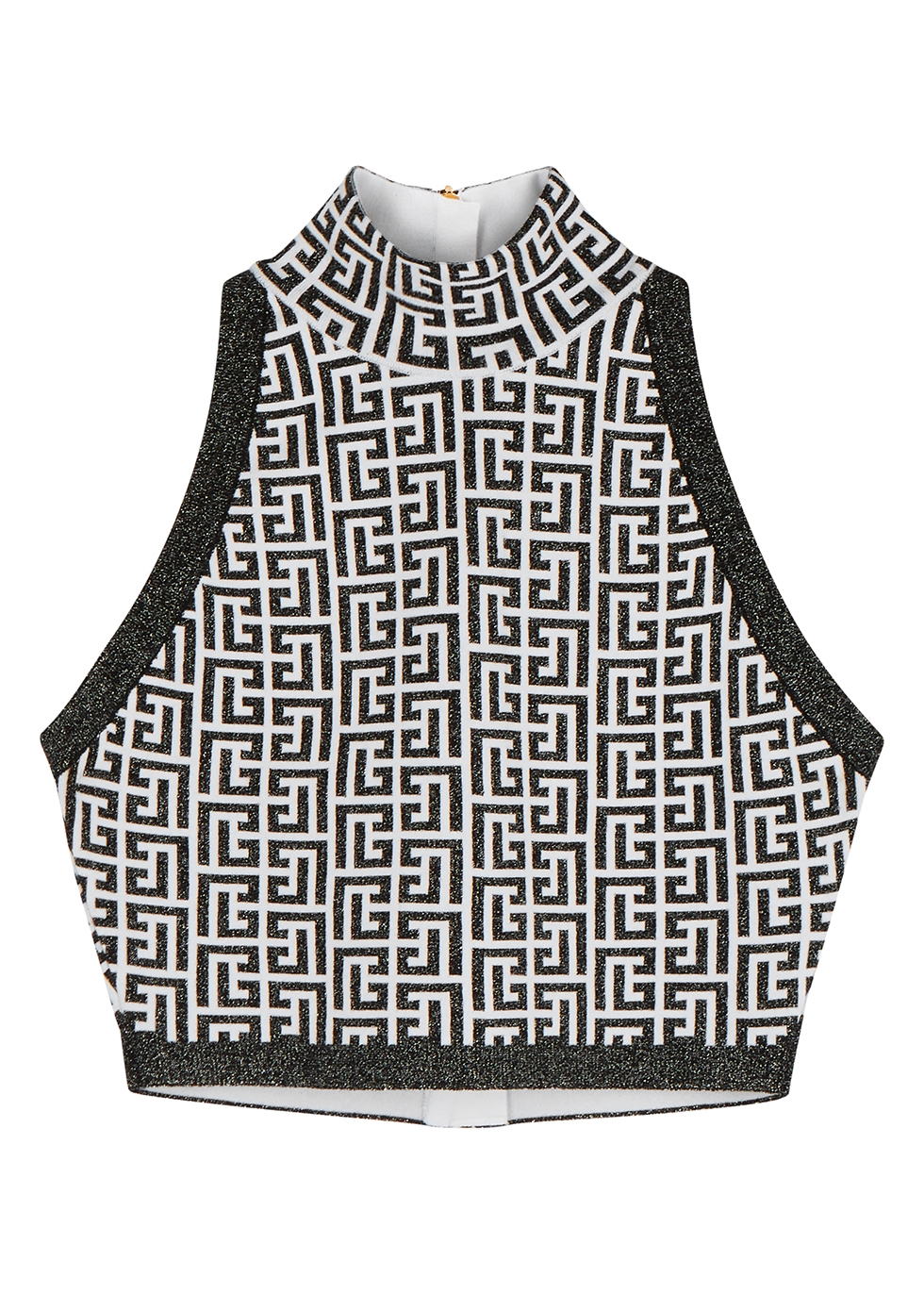 Balmain Monogrammed metallic-weave cropped top
