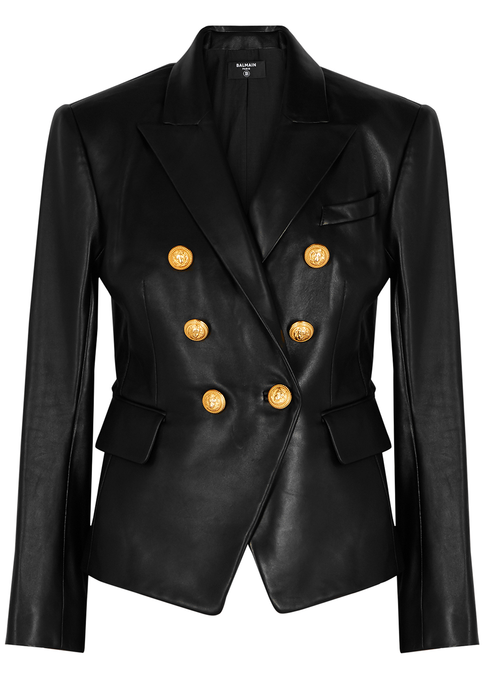 Black double-breasted leather blazer