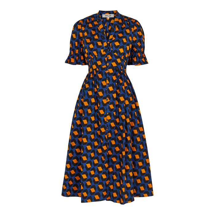 Diane Von Furstenberg Erica Printed Cotton Midi Dress In Navy