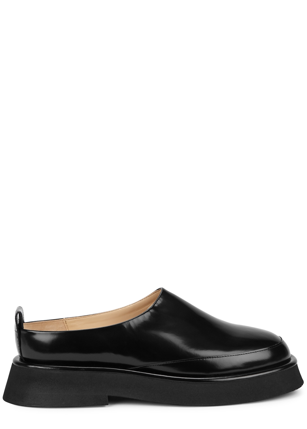 Rosa black glossed leather backless loafers