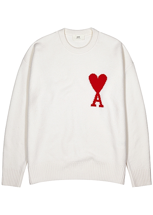 AMI PARIS White logo-intarsia wool jumper