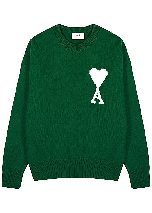 AMI PARIS Dark green logo wool jumper