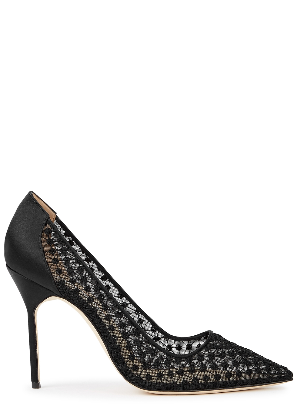 100 black embroidered mesh pumps