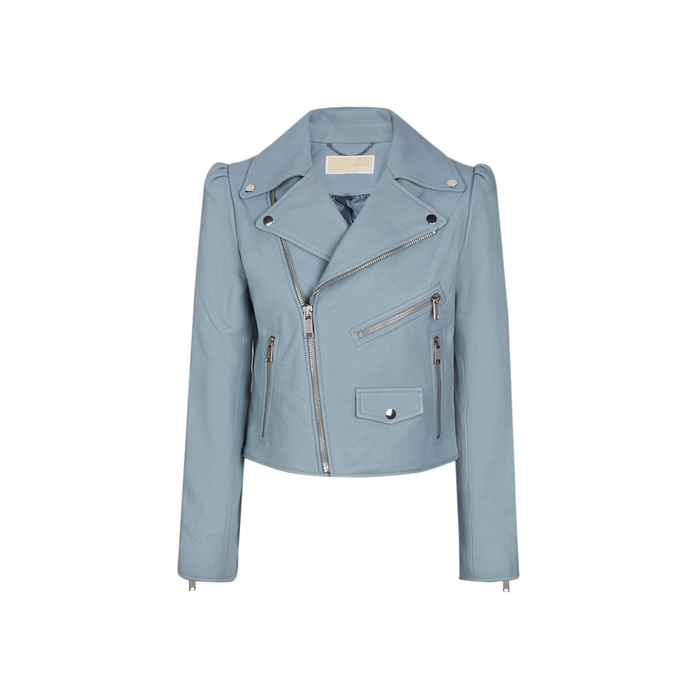 Michael Michael Kors Pebbled Leather Puff-sleeve Moto Jacket In Blue ...