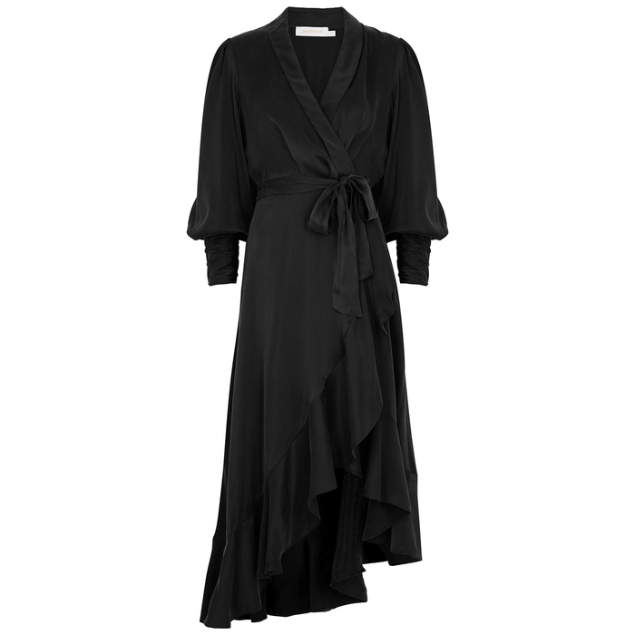 Zimmermann Black Silk-satin Midi Wrap Dress