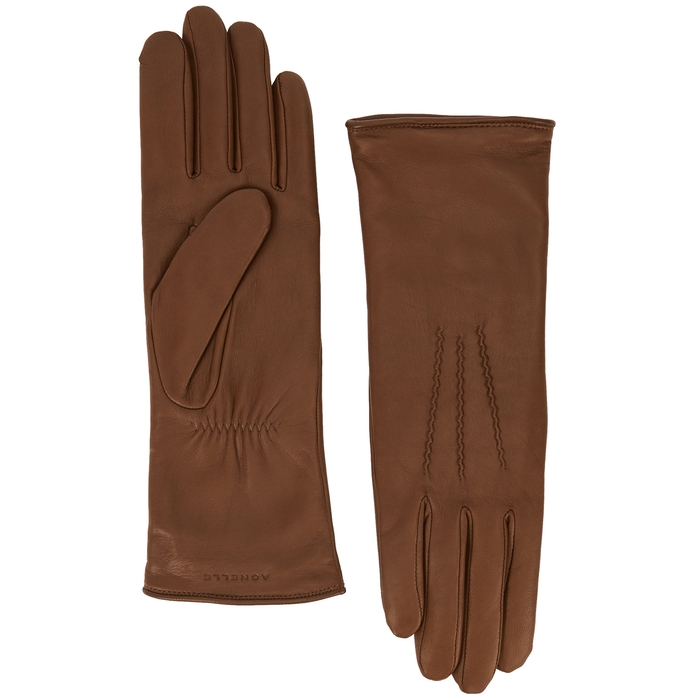 AGNELLE Grace Brown Cashmere-lined Leather Gloves