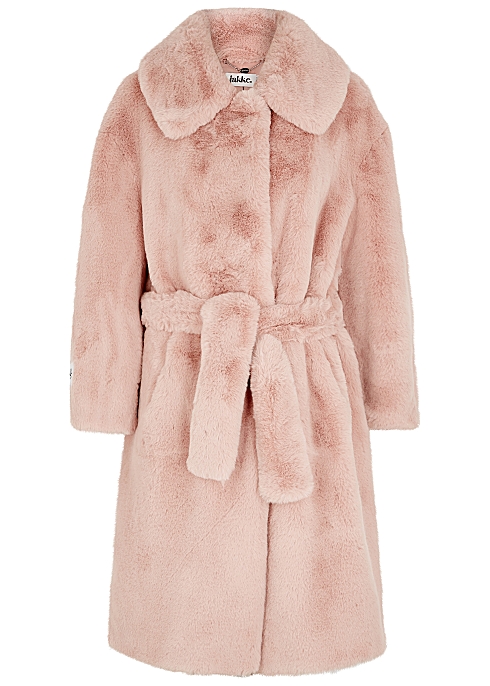 Jakke Katrina Light Pink Belted Faux, Light Pink Faux Fur Coats