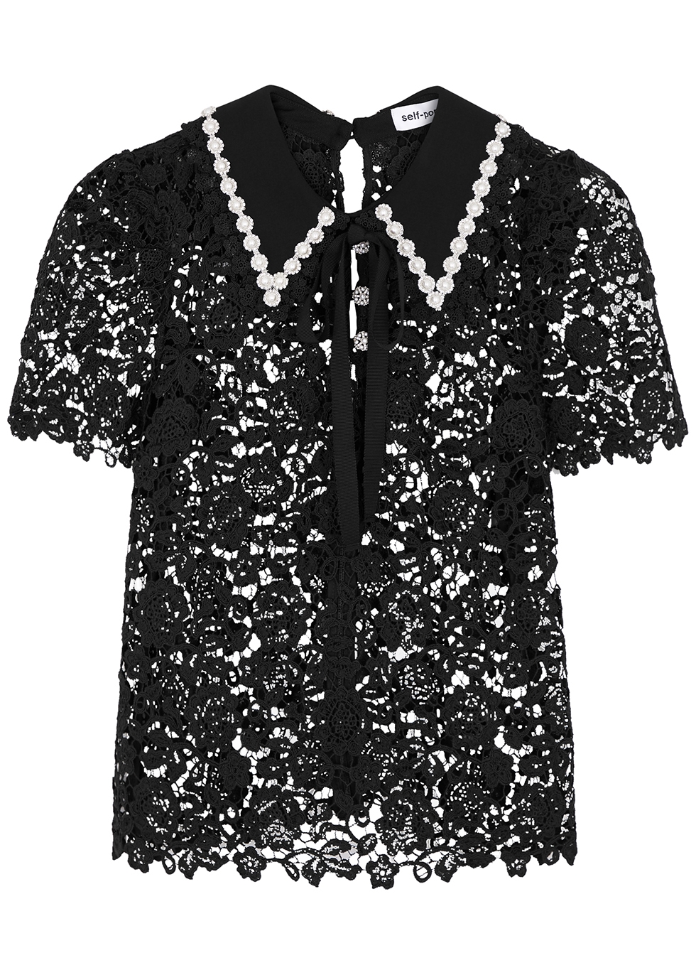 Black embellished guipure lace top
