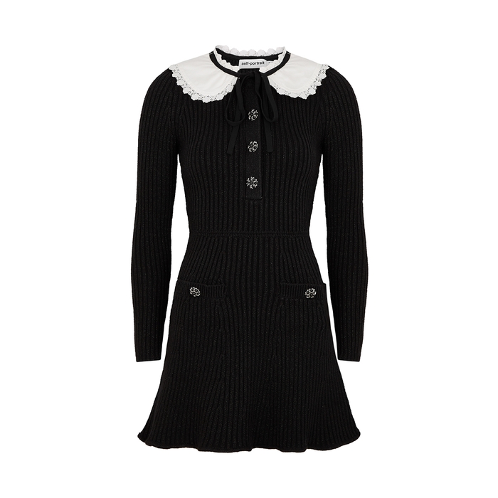 Self-Portrait Black Embellished Cotton-blend Mini Dress