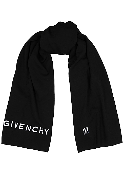 Givenchy Black logo-embroidered wool scarf - Harvey Nichols