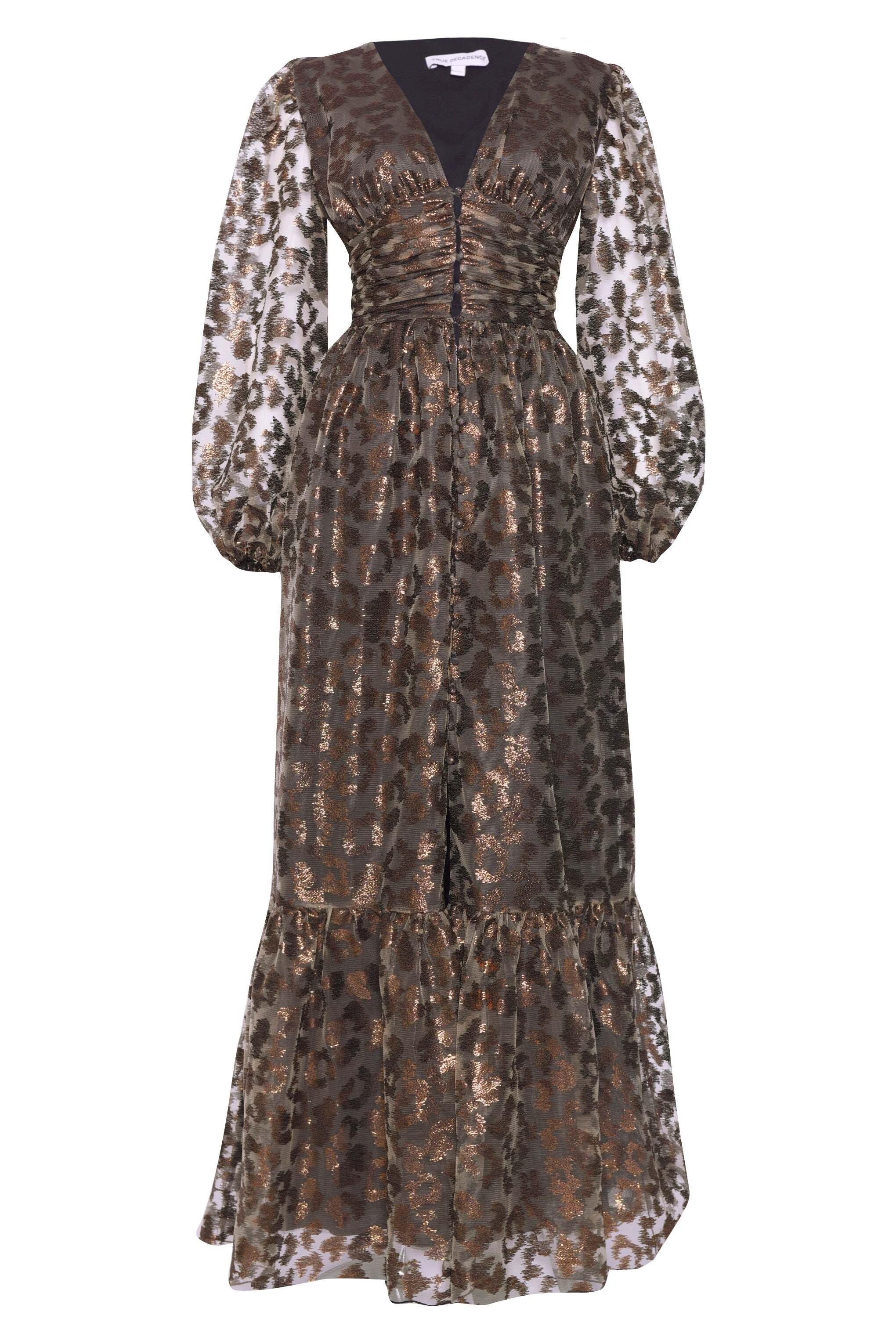 True Decadence Bronze Metallic Leopard Plunge Button Front Maxi Womens Clothing Dresses Casual and summer maxi dresses 