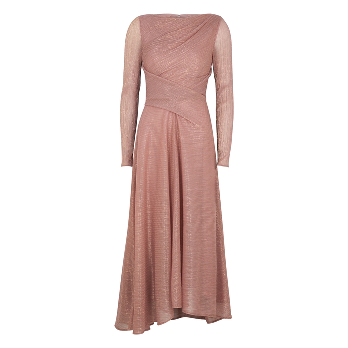 Talbot Runhof Pink Metallic-weave Plissé Midi Dress