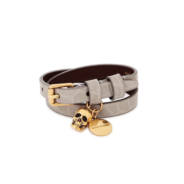 Alexander McQueen Grey Crocodile-effect Leather Wrap Bracelet
