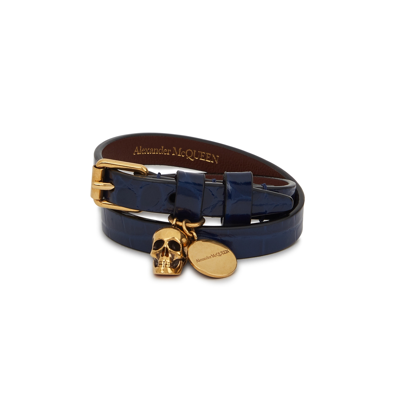 Alexander McQueen Navy Crocodile-effect Leather Double Wrap Bracelet