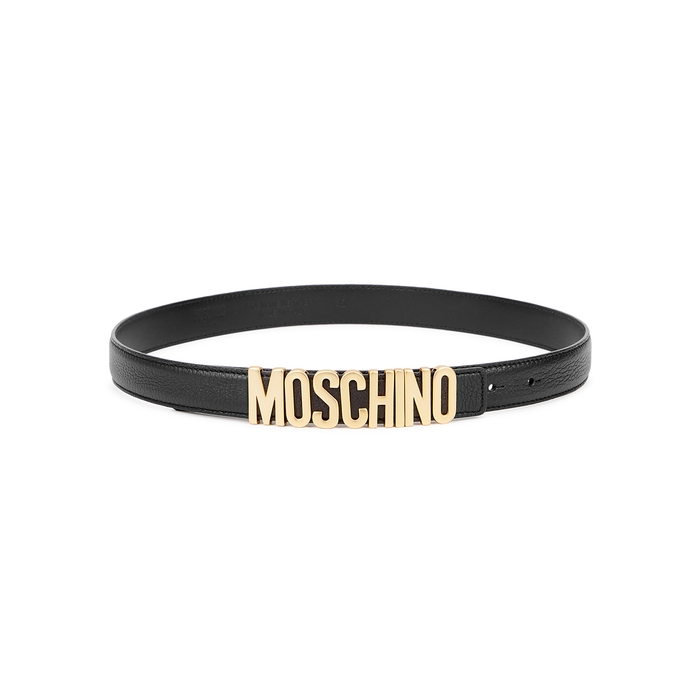 MOSCHINO Black Logo Grained Leather Belt