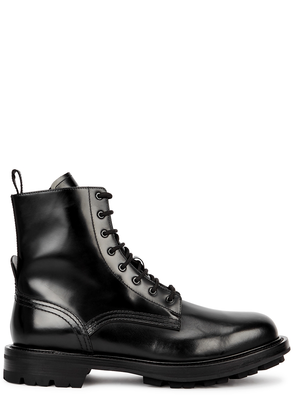 Black glossed leather combat boots