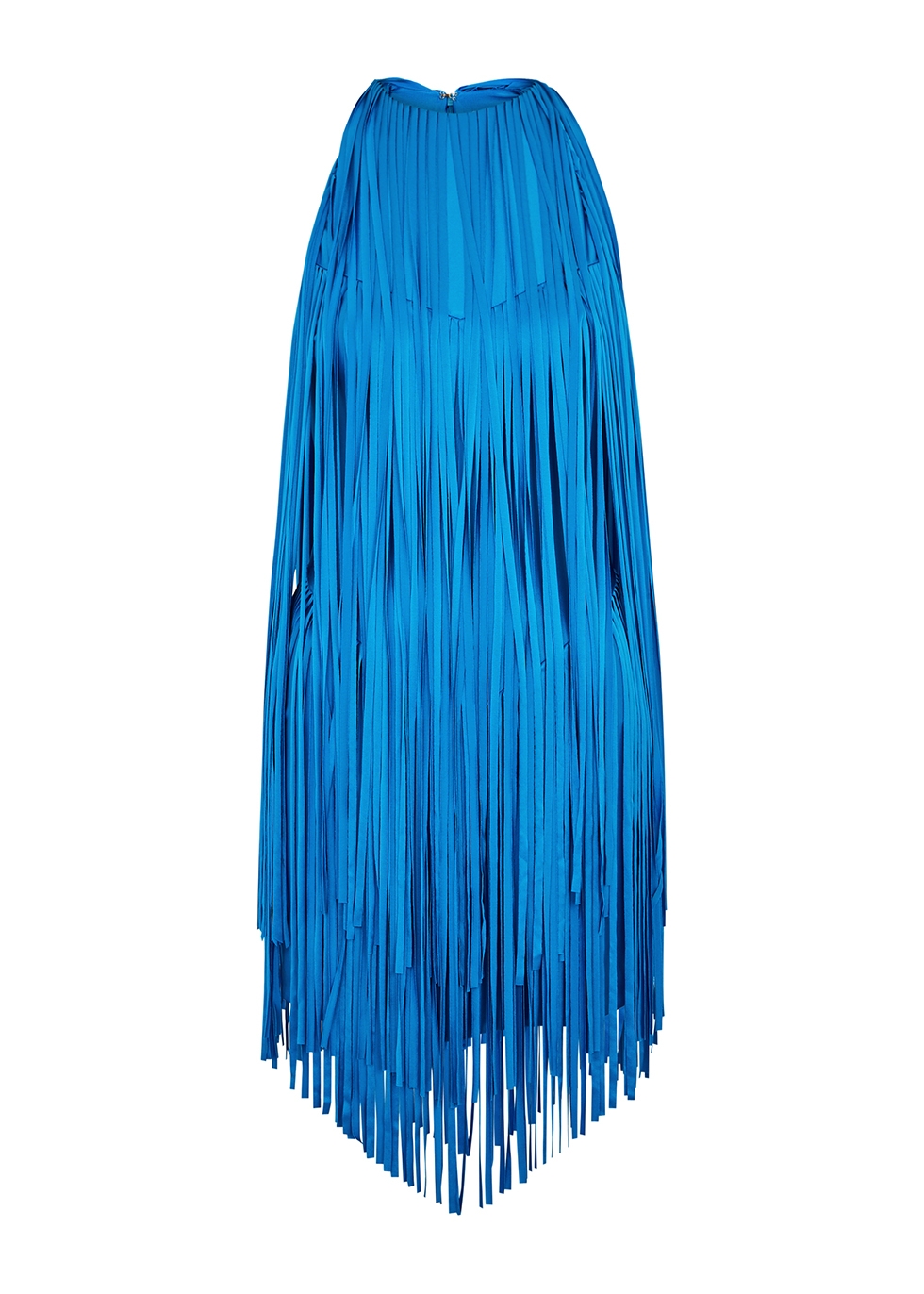Blue fringed satin mini dress