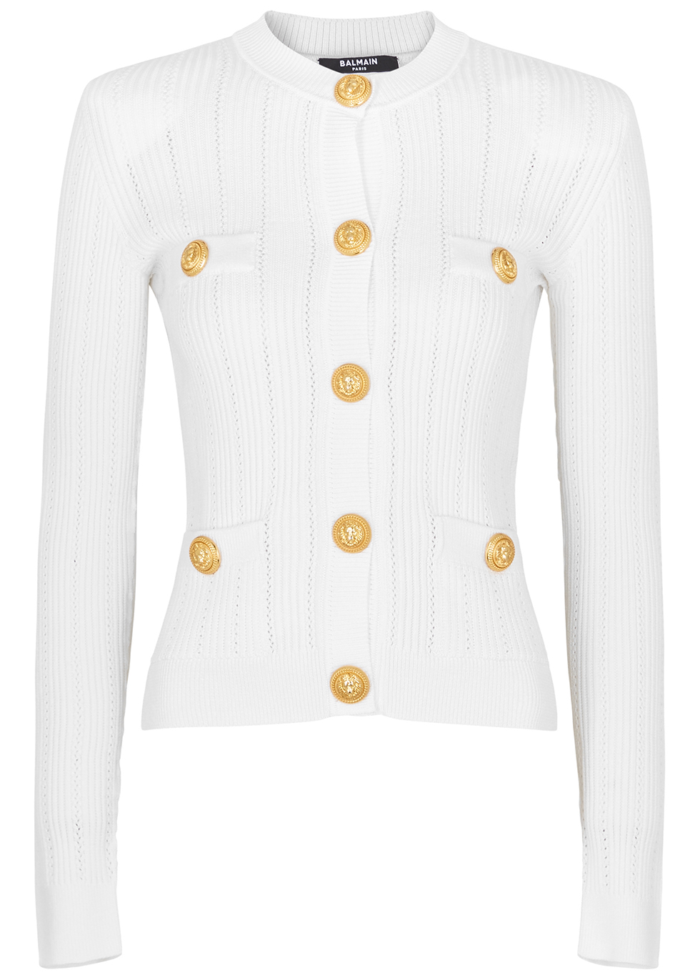 White ribbed pointelle-knit cardigan