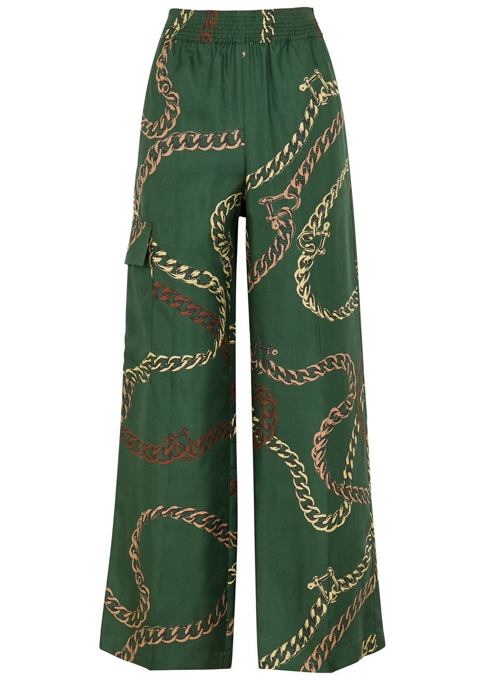 Green chain-print silk-twill trousers