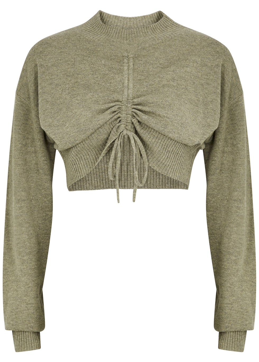 Green cropped ruched wool-blend jumper