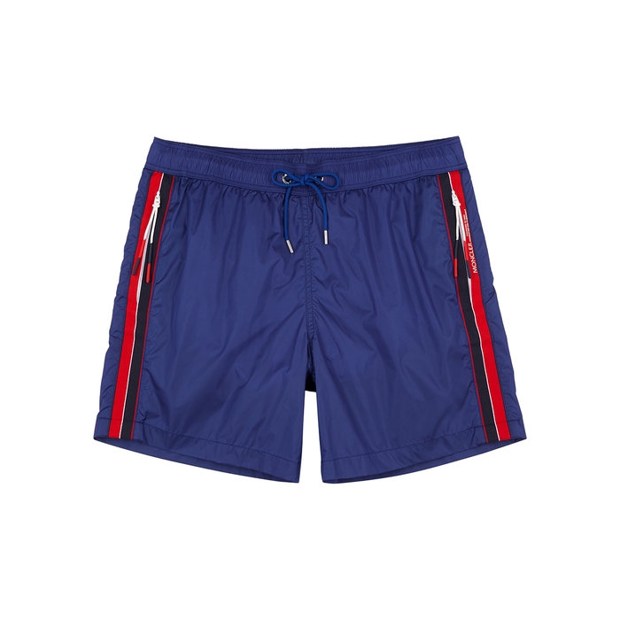 Moncler Blue Logo Striped Shell Swim Shorts | ModeSens